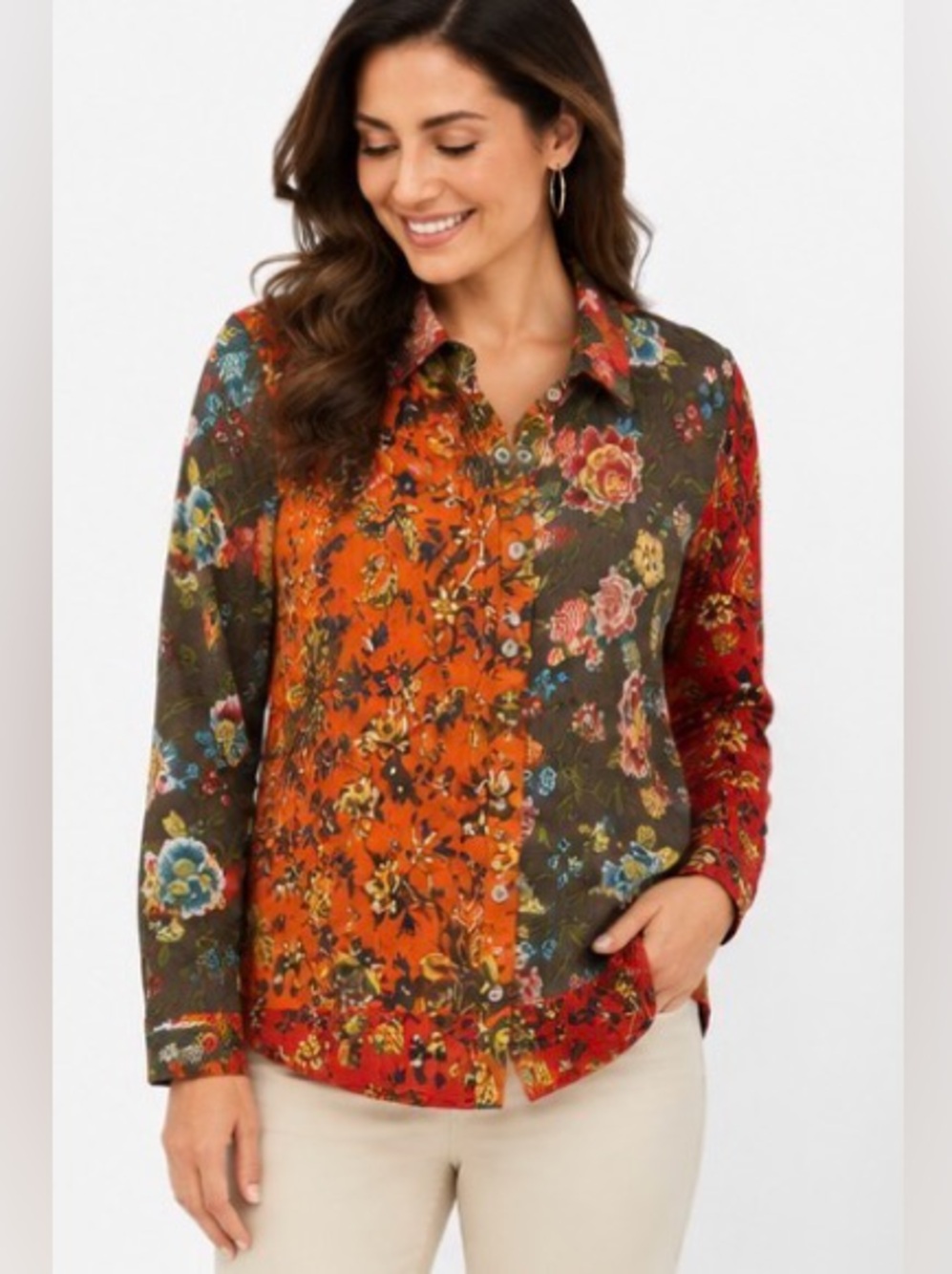 Coldwater Creek NWOT Mixed Floral Patchwork Cotton Shirt Petite M